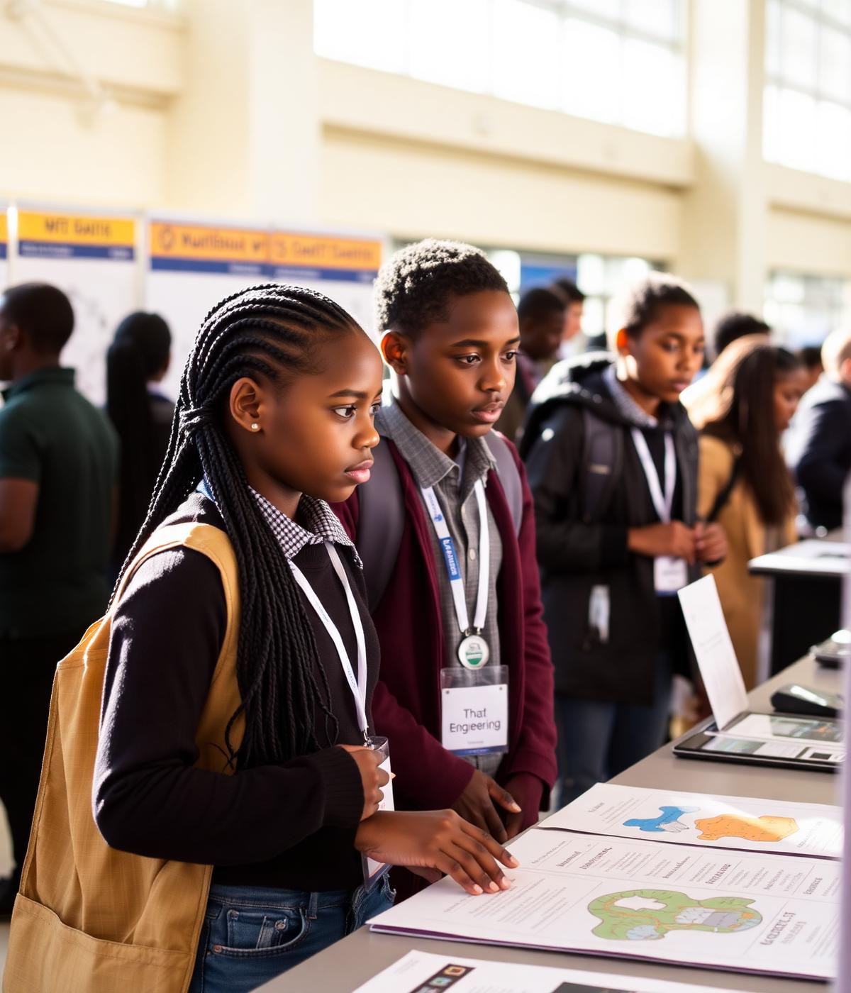 Namibian learners exploring an engineering exhibitor stand