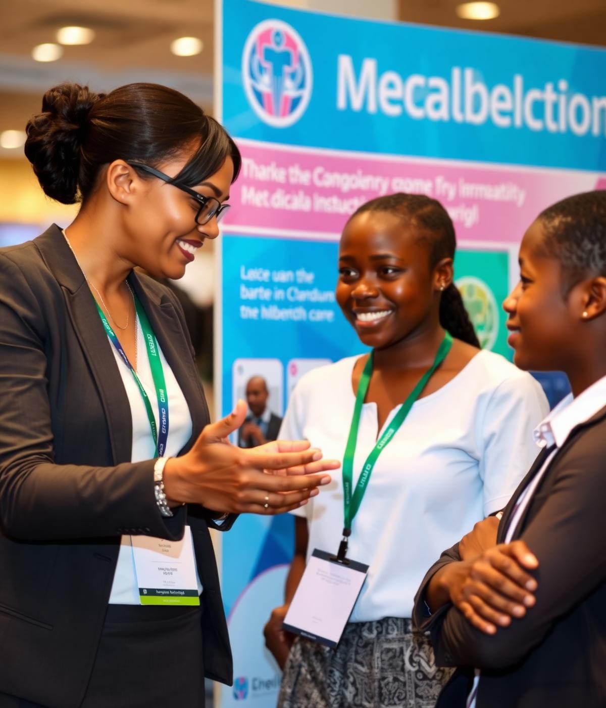 Mentor speaking with a young Namibian learner at a health careers booth