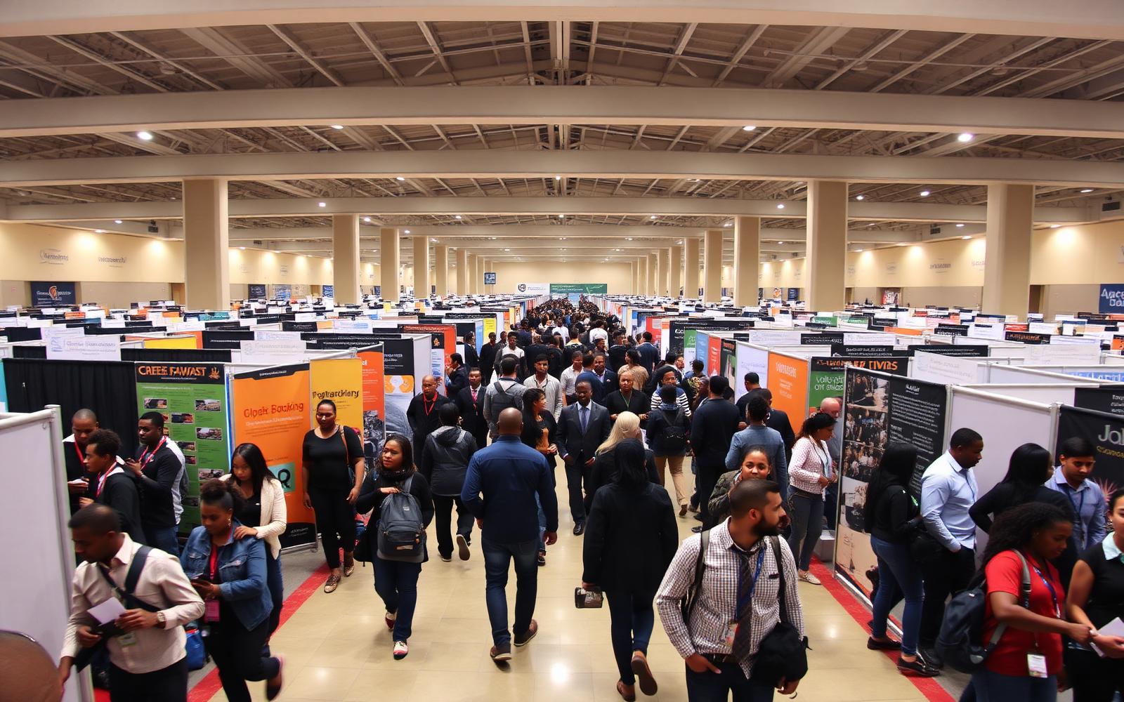 Wide view of a bustling career fair hall in Windhoek